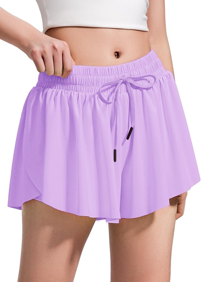 BOOPH Girls Flowy Butterfly Shorts Athletic Shorts Girls with Inner Pockets for Running Tennis Light Purple 13-14Y - Image 4